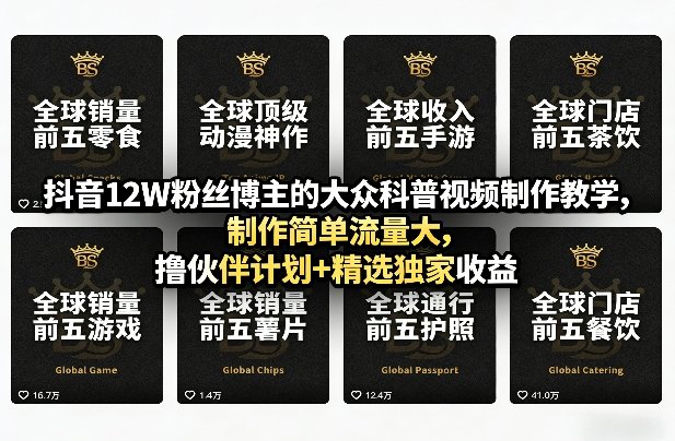 抖音12万粉丝博主大众科普视频教学：制作简单流量大，撸伙伴计划+精选独家收益