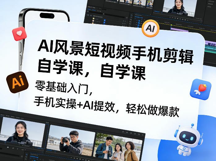 AI风景短视频手机剪辑自学课：零基础入门，手机实操+AI提效，轻松做爆款